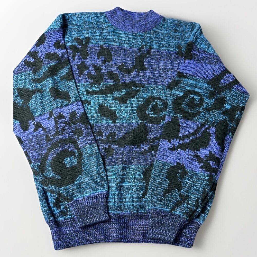 Vintage Permit Sweater 80s 90s Aztec Abstract Grandpa Geometric Size L Blue